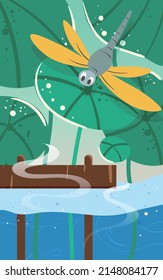 Child sitting by the pond and interacting with dragonflies surrounded by lotus leaves, vector illustration