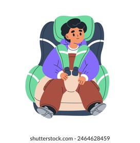 Child sitting in car seat, safety backseat for auto. Kid secured with belt in baby chair. Small passenger in road travel. Transportation security. Flat vector illustration isolated on white background