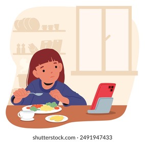 Child Sitting At Dining Table Using Tablet While Eating Lunch. Image Captures The Intersection Of Technology And Daily Life, Highlighting Modern Habits And Impact Of Gadgets On Children During Meals