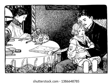 The child is sitting in his father's lap and his mother is doing sewing. There is a newspaper on table, vintage line drawing or engraving illustration.