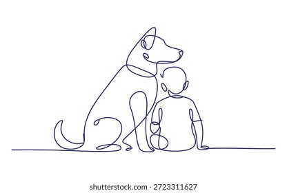 A child sitting next to a large dog in a simple line on a white background line white background