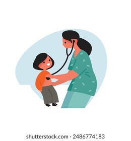 Child sitting at the office of pediatrician. Doctor examining a child with a stethoscope.