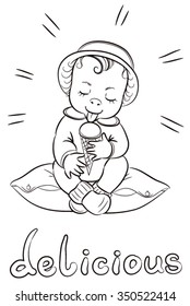 A child sitting on a bed and eating ice cream.. Illustration for coloring. One color. Line drawing.