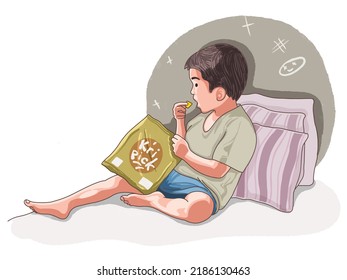A Child Sitting On A Bed Leaning On Pillows Eating A Packet Of Chips
