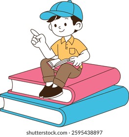 A child sitting on a big book and reading a book. minimal line art vector illustration.