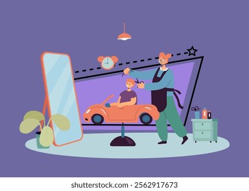 Child sitting on car chair in front of mirror in barber shop. Hairdresser standing near boy and giving him haircut using scissors flat vector illustration. Childrens beauty salon concept for poster