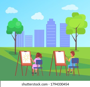 Child sitting on the chair near the easel in city park and drawing aquarell paints on large sheet of paper, education and child development. Kid holding paint brush in hand, draw from nature back view