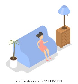 Child sitting on the couch in the school psychologist office and telling something. Isolated vector isometric illustration