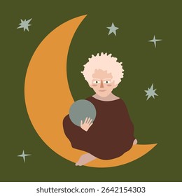 Child Sitting on Crescent Moon Holding a Sphere.