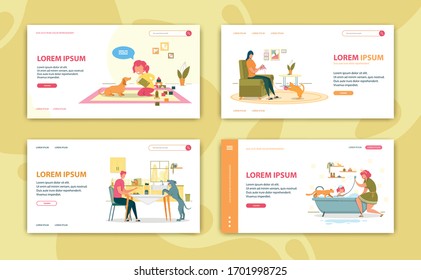 Child Sitting on Floor Playing with Dog and Toys Website Design. Woman Knitting while Cat Playing with Ball Flat Cartoon Banner Vector Illustration. Dog Putting Paws on Table in Kitchen.