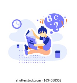 Child sitting on the floor reading book, curious kid, preschool education, fun learning, early intelligence development, vector flat illustration