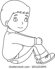 A child is sitting on the floor and thinking. Young boy smiling and imagining. coloring page.