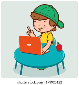 A Child Sitting On His Desk In Front Of His Computer. Vector Illustration