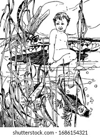 A child sitting on leaf which floating upon water and kept both legs inside the water, vintage line drawing or engraving illustration