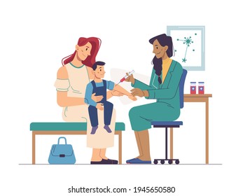 Child sitting on mothers hands, nurse making him vaccination in clinic or hospital. Vector pediatrician and vaccinating syringe injection to kid boy, doctor injecting antibiotic to sick, coronavirus