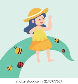 Child sitting on plant leaves to escape the heat, surrounded by insects and plants, vector illustration