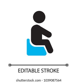 Child sitting on potty chair silhouette icon. Baby toilet. Going pee. Isolated vector illustration. Editable stroke