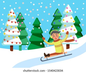 Child sitting on sledges, kid at winter holidays in park. Childhood of character on sleigh. Snowing weather in woods. Landscape with pine trees decorated with garlands and baubles flat style vector
