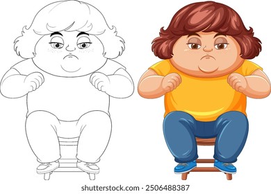 Child sitting on a small stool, serious expression