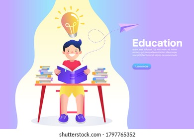 Child sitting on the table reading. Online education concept. Cartoon child studying. Welcome back to school. Cute school kid. Flat design with child.