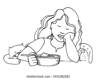 Child is sitting at a plate with porridge. Reluctance to eat. Dog and cat nearby. Hand drawn vector illustration