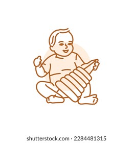 The child is sitting and playing with toy black line icon.  Toddler development. Early childhood