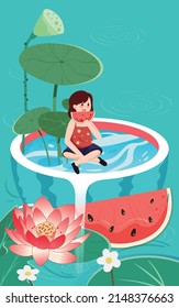 Child sitting in a pond and eating watermelon with lotus flowers and leaves in the background, vector illustration