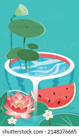 Child sitting in a pond and eating watermelon with lotus flowers and leaves in the background, vector illustration