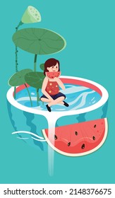 Child sitting in a pond and eating watermelon with lotus flowers and leaves in the background, vector illustration