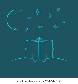 Child sitting and read book logo in the night sky, fan literature 