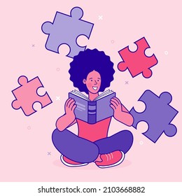 Child sitting and reading a book. Behind it is a jigsaw puzzle. smart child with literature, Vector illustration eps 10. Flat outline cartoon style.