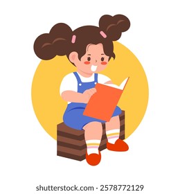 A child sitting and reading a book with full concentration.