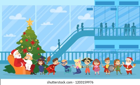 Child sitting with Santa Claus in red clothes and speaking with him. Happy kid standing in queue. Christmas character in armchair at the spruce tree. Vector illustration in cartoon style
