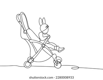 The child is sitting in a stroller. Walk in the fresh air. Hat with bunny ears. One line drawing. Vector illustration