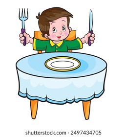 The child is sitting at the table and holding cutlery, a knife and a fork in his hands. There is an empty plate on a blue tablecloth in front of him.