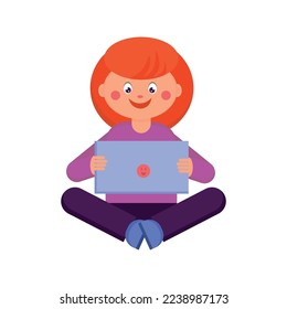 The child is sitting with a tablet in his hands and smiling. Online education. Vector drawing