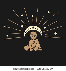 child sitting under the moon on a dark background