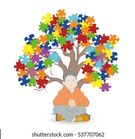 child sitting under a tree. Puzzle Pieces in Autism Awareness Colors Background, 3D rendering