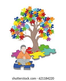 child sitting under a tree. Puzzle Pieces in Autism Awareness Colors Background, 3D rendering