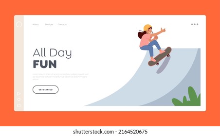 Child Skateboarding Hobby Landing Page Template. Kid Female Skateboard Character Perform Stunts in Rollerdrome. Little Girl Extreme Skating and Jumping on Board in Park. Cartoon Vector Illustration