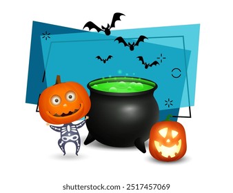 Child in skeleton costume, boiling potion in caldron and pumpkin lantern. Flying bats on background. Invitation or banner design. Halloween concept. Vector illustration for poster, postcard or banner