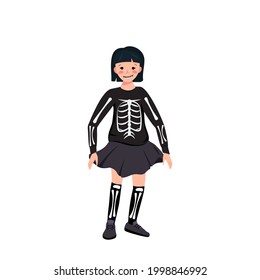 Child in a skeleton costume with bones for the holiday Halloween. A girl in fancy dress and a painted sewn on mouth. Kid dancing in a carnival manner