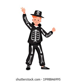 Child in a skeleton costume with bones for the holiday Halloween. Boy in fancy dress and hat with a skull. Kid dancing in a carnival manner