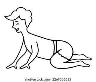 Child. Sketch. The baby crawls on the floor. Little boy in a diaper. Vector illustration. Doodle style. Coloring book for children. Outline on isolated background.