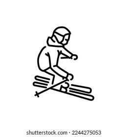 Child skier color line icon. Skiing in winter Alps. Vector illustration