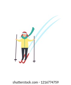 Child skiing down hills with sticks in hands winter sport activity isolated vector. Person in warm clothes goes ski running. Kids recreation at cold weather