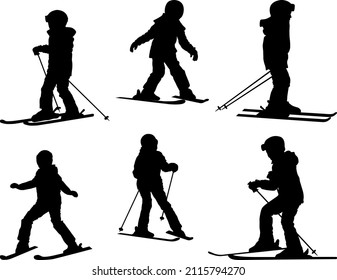 Child Skiing Silhouettes - Vector Illustration