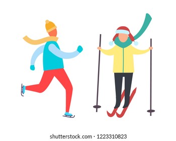 Child skiing with sticks in hands and skating winter sport activities isolated vector. Person in warm clothes goes ski running. Kids recreation at cold weather