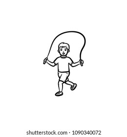 Child with skipping rope hand drawn outline doodle icon. Child jumps over skipping rope vector sketch illustration for print, web, mobile and infographics isolated on white background.