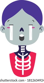 child skull with facial gestures, lower part with red and white color